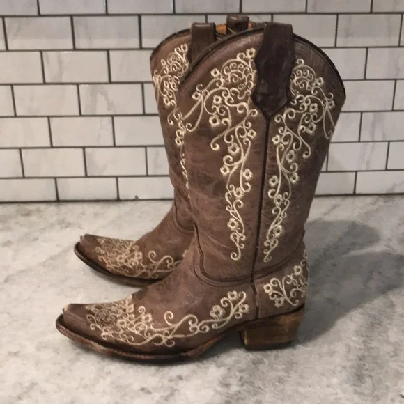 Corral Boots Girls Size 2.5 Teen Brown Leather Embroidered Western Boho Cowgirl - Picture 5 of 12